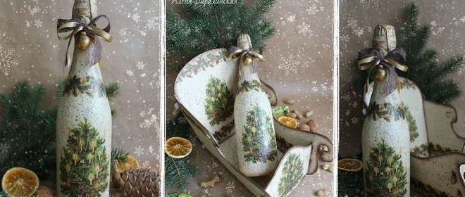 Декупаж и другие украшения бутылок к Новому году Декупаж бутылки шампанского к новому году